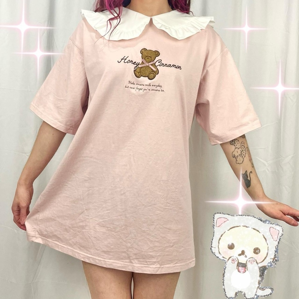 Honey Cinnamon Pink T-Shirt Dress with White Collar